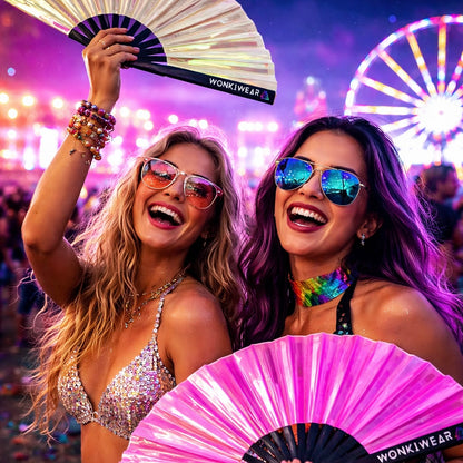 Women at a festival holding pearl iridescent rave fan, styled with colourful accessories and glitter makeup
