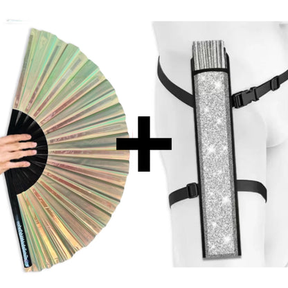 Pearl festival fan with silver glitter holster bundle, flashy rave outfit accessory
