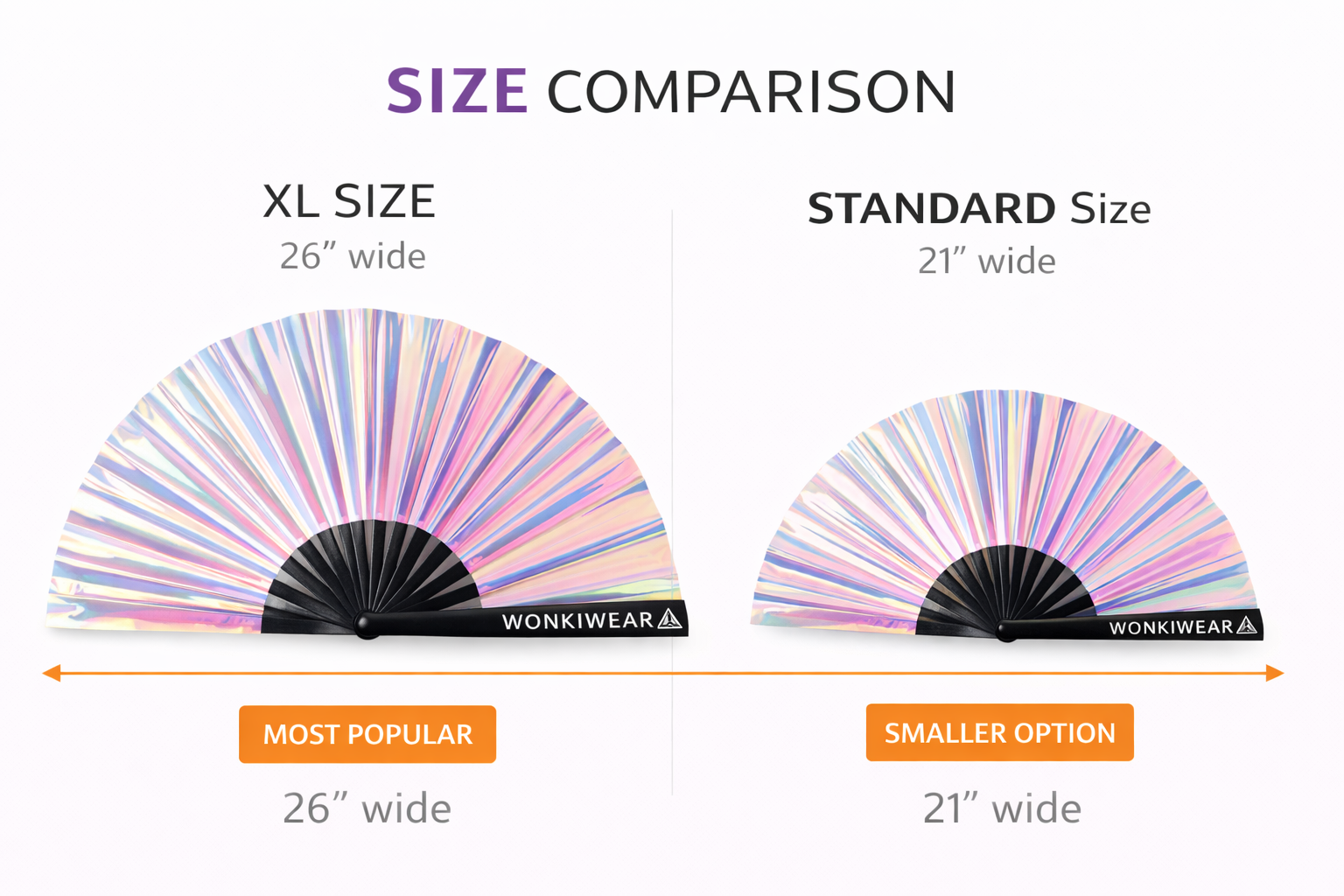 Festival fan size comparison showing XL 26 inch vs standard 21 inch WonkiWear fans