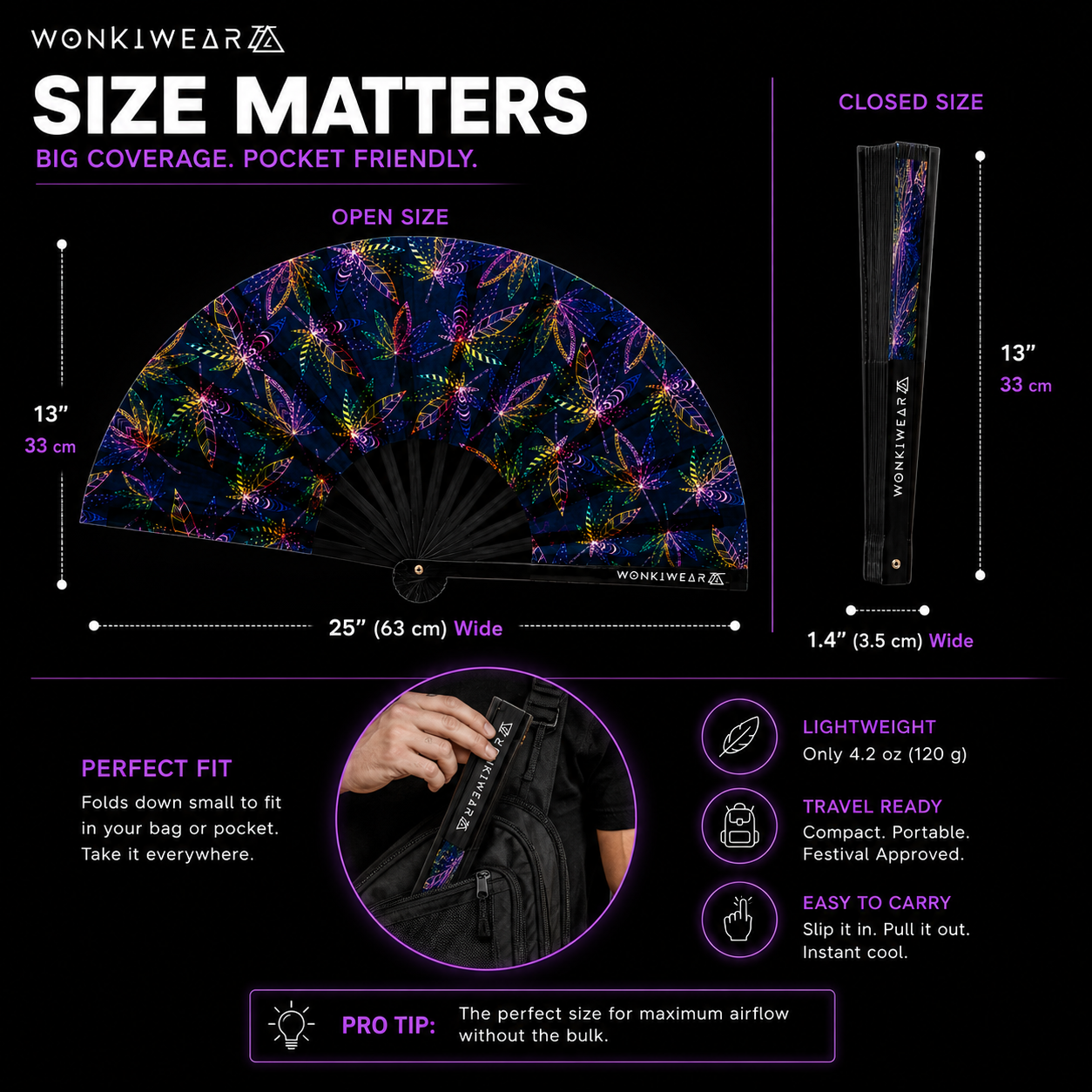 Size guide for extra large WonkiWear folding festival fan showing open and closed dimensions