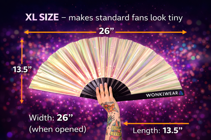 XL festival fan size guide showing 26 inch width and 13.5 inch length compared to standard fans