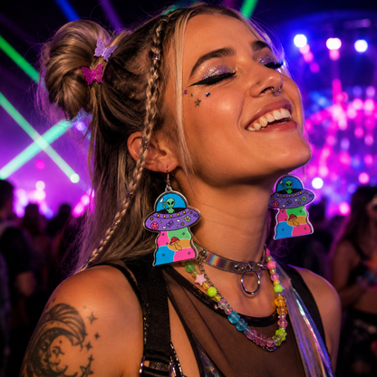 Festival rave model wearing colourful alien mushroom UFO statement earrings