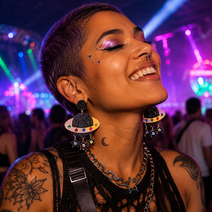 Inclusive festival model wearing black glitter planet star drop statement earrings at a rave