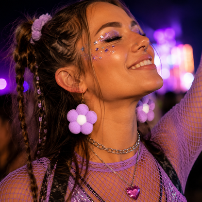 Festival model wearing lilac fluffy pompom daisy statement earrings
