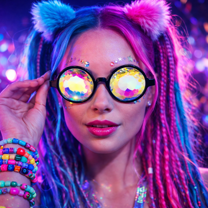 Woman wearing kaleidoscope rave glasses with colourful prism lenses at a festival