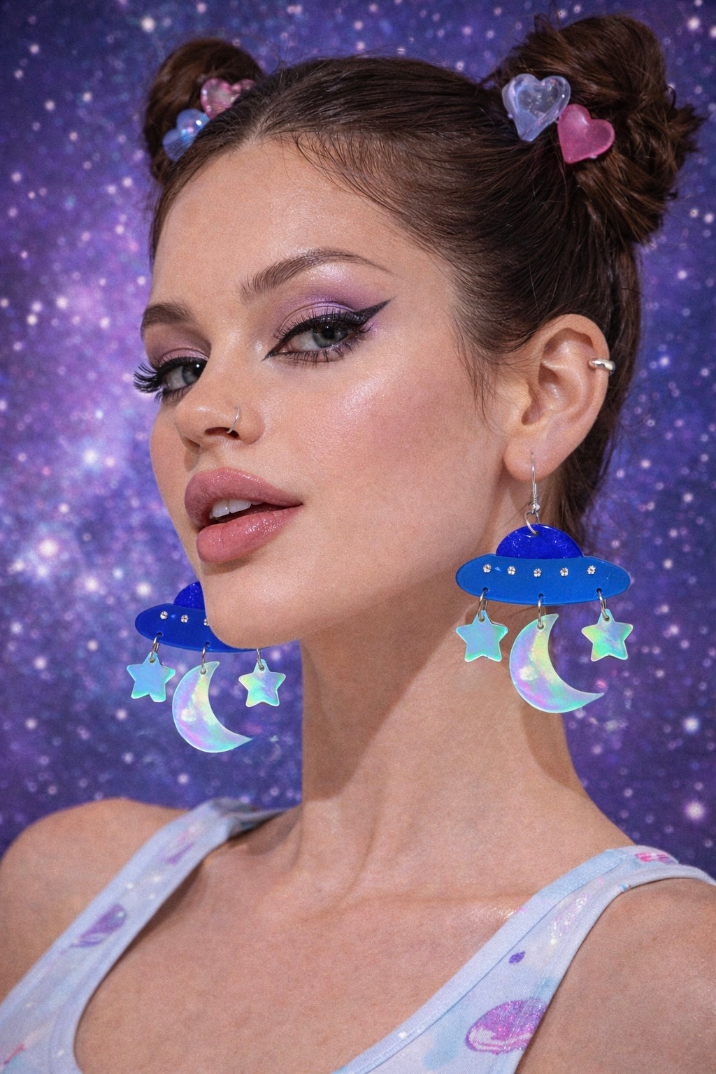 Model wearing UFO earrings UK festival outfit