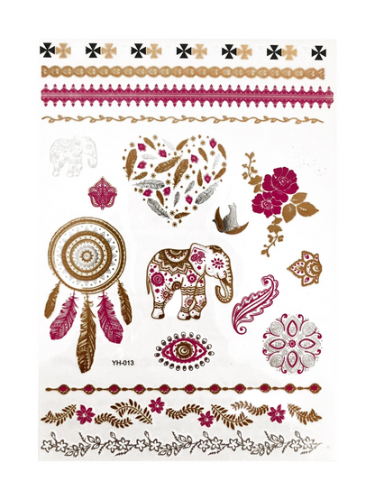 Metallic gold silver and pink festival temporary tattoos loving kindness design for face and body