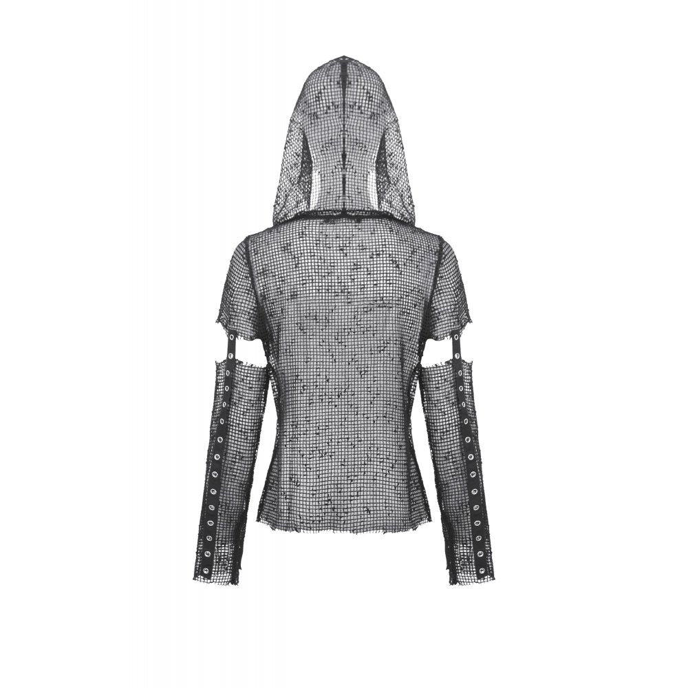 Black Distressed Mesh Hooded Rave Top | Dark in Love