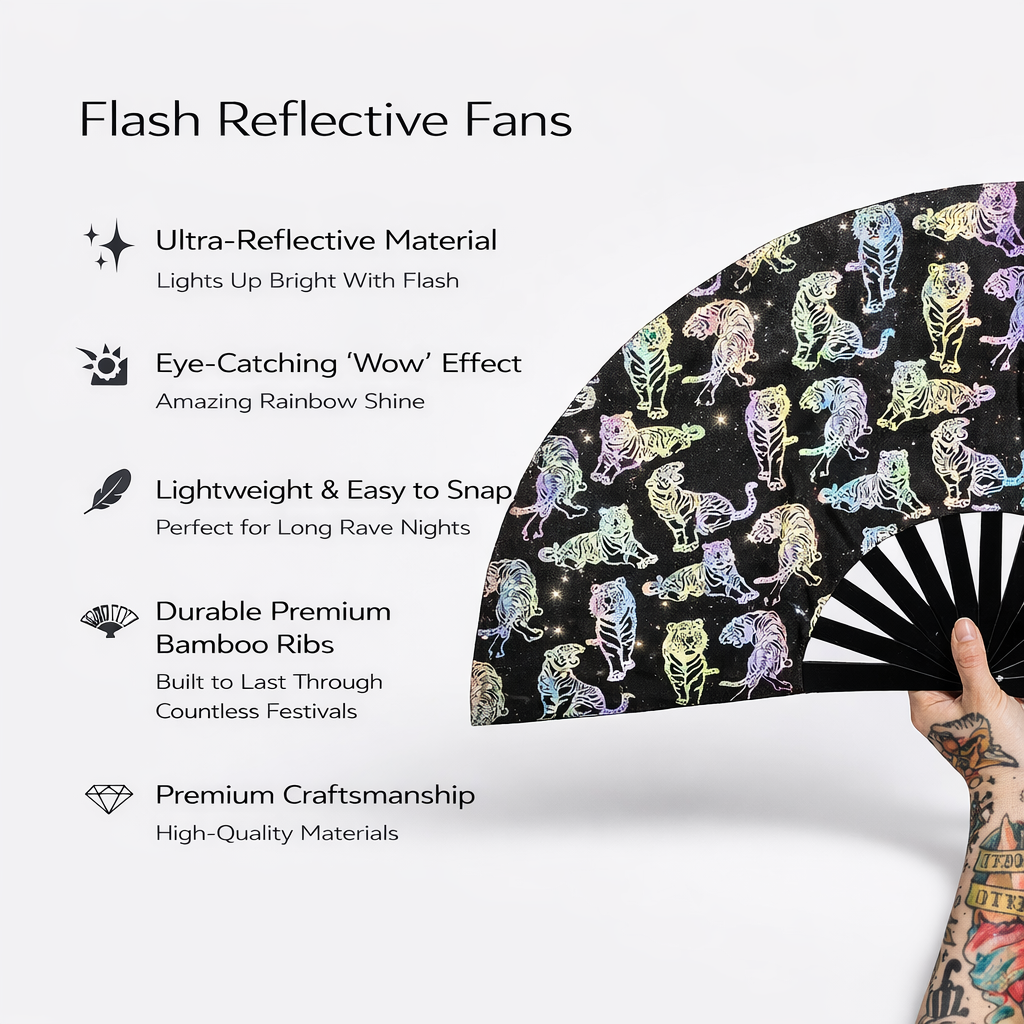 Features graphic showing reflective material, bamboo ribs and lightweight design of tiger reflective rave fan