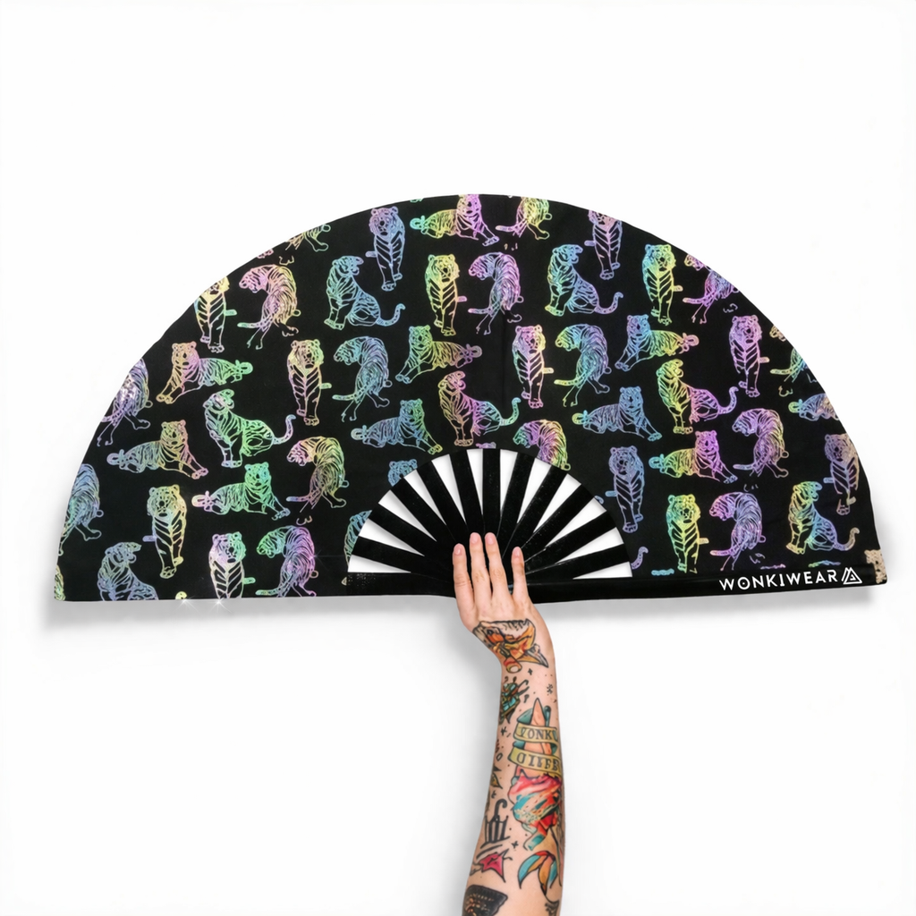 Flash reflective tiger rave fan in black with rainbow reflective tiger print and XL bamboo festival fan design