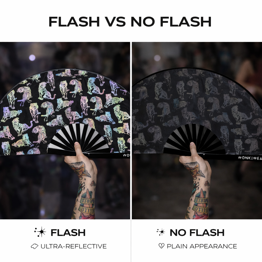 Comparison showing reflective tiger rave fan appearance with flash versus without flash