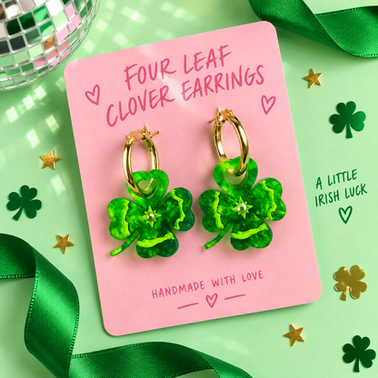 Four Leaf Clover hoop earrings with sparkling green acrylic shamrock charms by Cuteryko