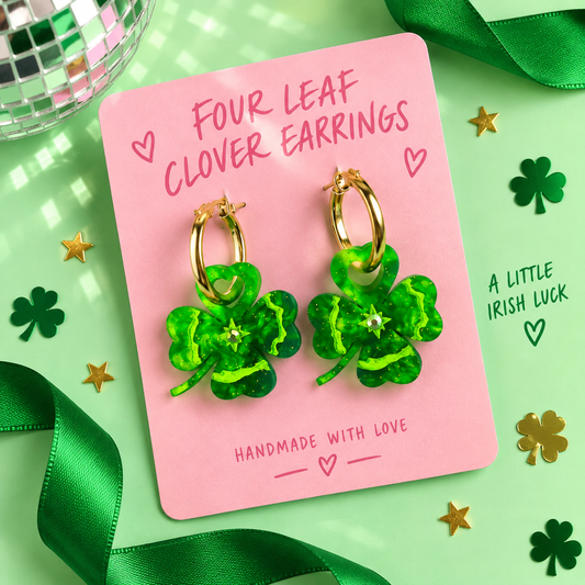 Four Leaf Clover hoop earrings with sparkling green acrylic shamrock charms by Cuteryko