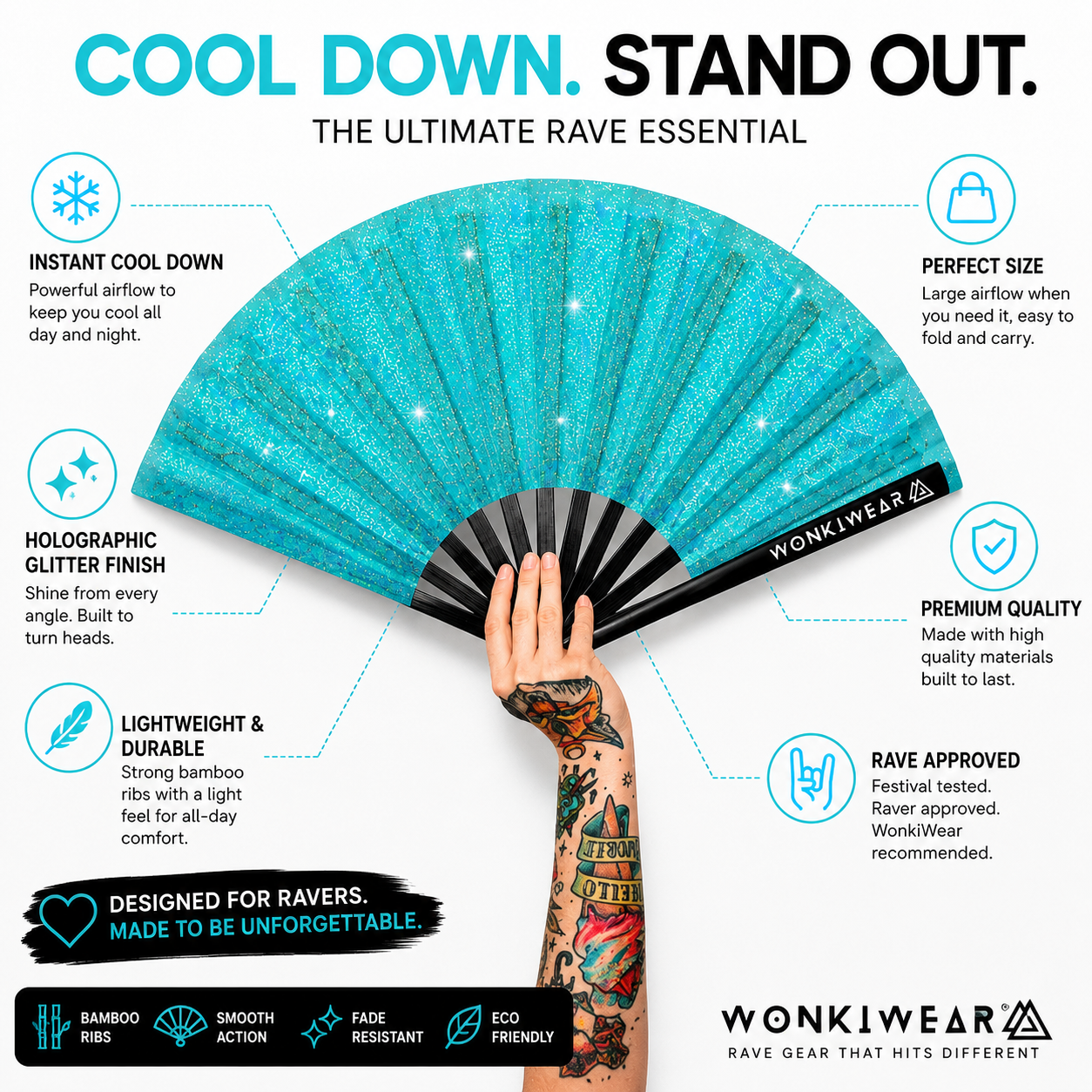 Benefits infographic for Frost Kiss light blue glitter festival fan