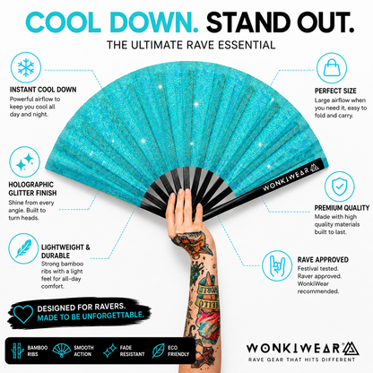 Benefits infographic for Frost Kiss light blue glitter festival fan