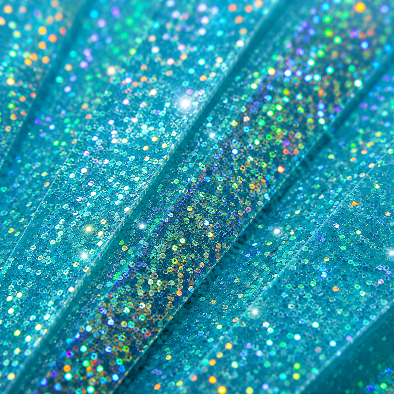 Close-up of light blue glitter festival fan showing sparkling glitter detail