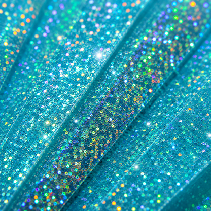 Close-up of light blue glitter festival fan showing sparkling glitter detail