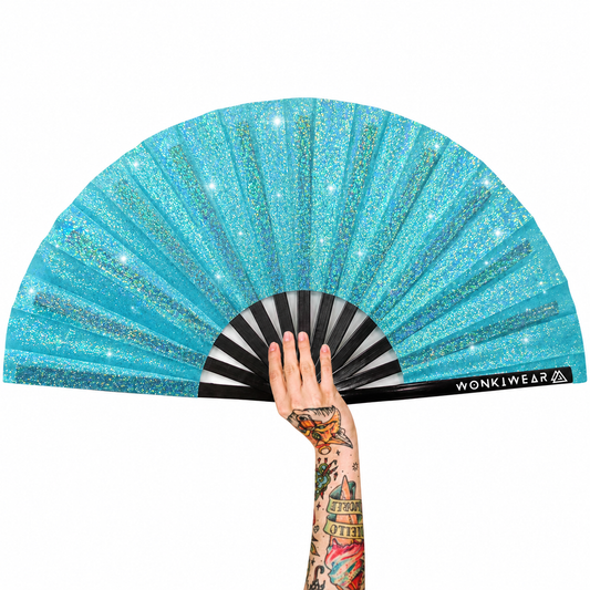 Light blue glitter XL festival fan with black bamboo ribs