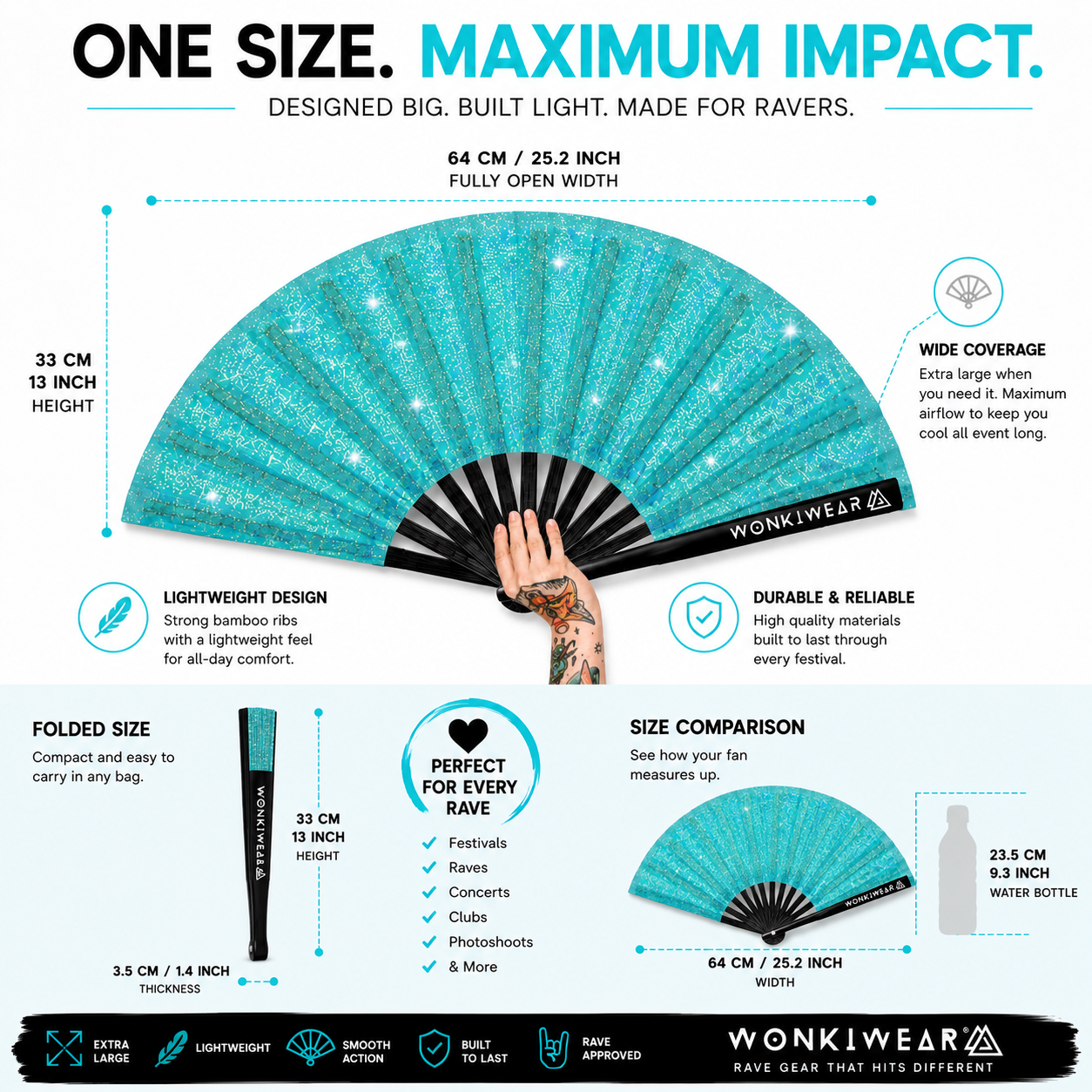 Size guide showing dimensions of Frost Kiss XL glitter festival fan