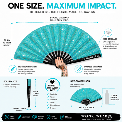 Size guide showing dimensions of Frost Kiss XL glitter festival fan