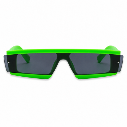 Futuristic neon green rave sunglasses on white background