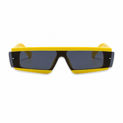 Futuristic neon yellow rave sunglasses on white background
