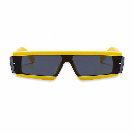 Futuristic neon yellow rave sunglasses on white background