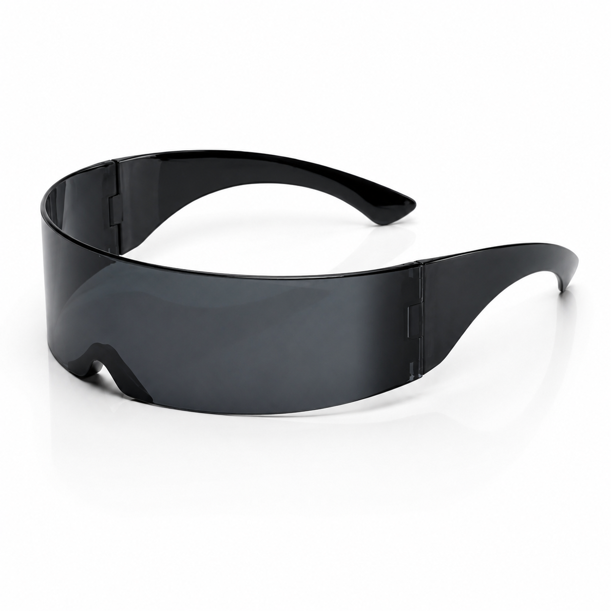 Black futuristic shield visor sunglasses on white background