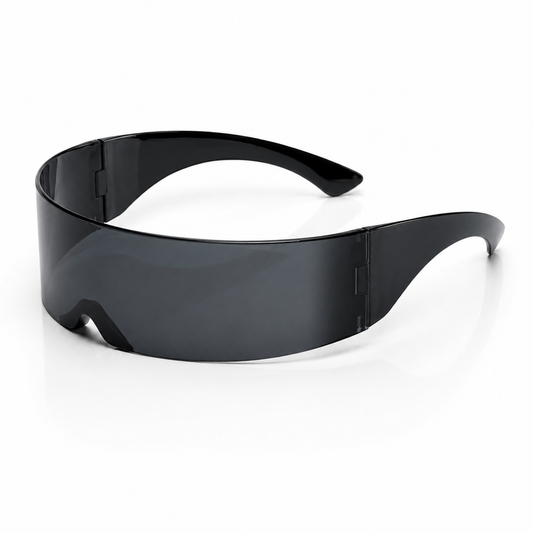 Black futuristic shield visor sunglasses on white background
