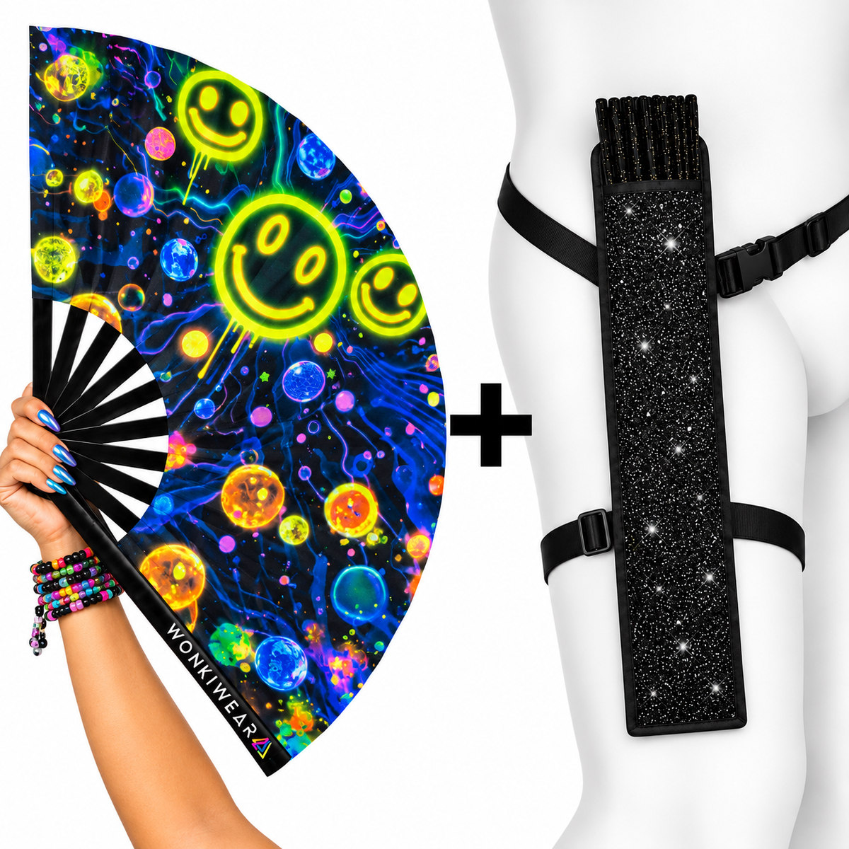 WonkiWear Galactic Grin XL UV-reactive folding rave fan featuring neon smiley faces and colourful cosmic planets, paired with an optional black shimmer fan holster with adjustable black straps.