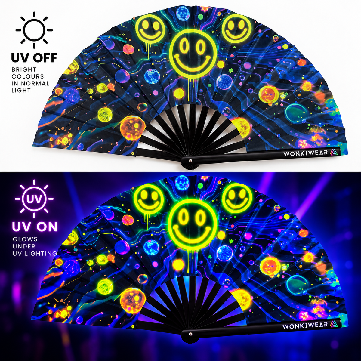 WonkiWear Galactic Grin XL UV-reactive rave fan shown under normal lighting and UV lighting, highlighting its neon smiley faces, colourful planets and electric blue cosmic design.