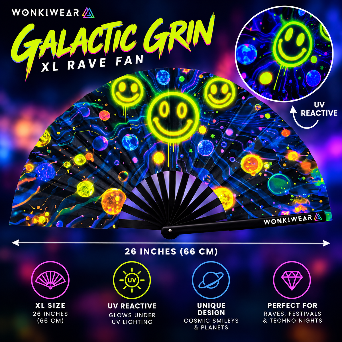 WonkiWear Galactic Grin XL 26-inch UV-reactive rave fan infographic featuring neon smiley faces, colourful cosmic planets, black ribs and key product features for festivals, raves and techno nights.