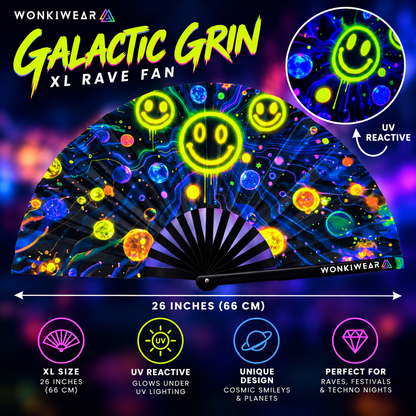 WonkiWear Galactic Grin XL 26-inch UV-reactive rave fan infographic featuring neon smiley faces, colourful cosmic planets, black ribs and key product features for festivals, raves and techno nights.