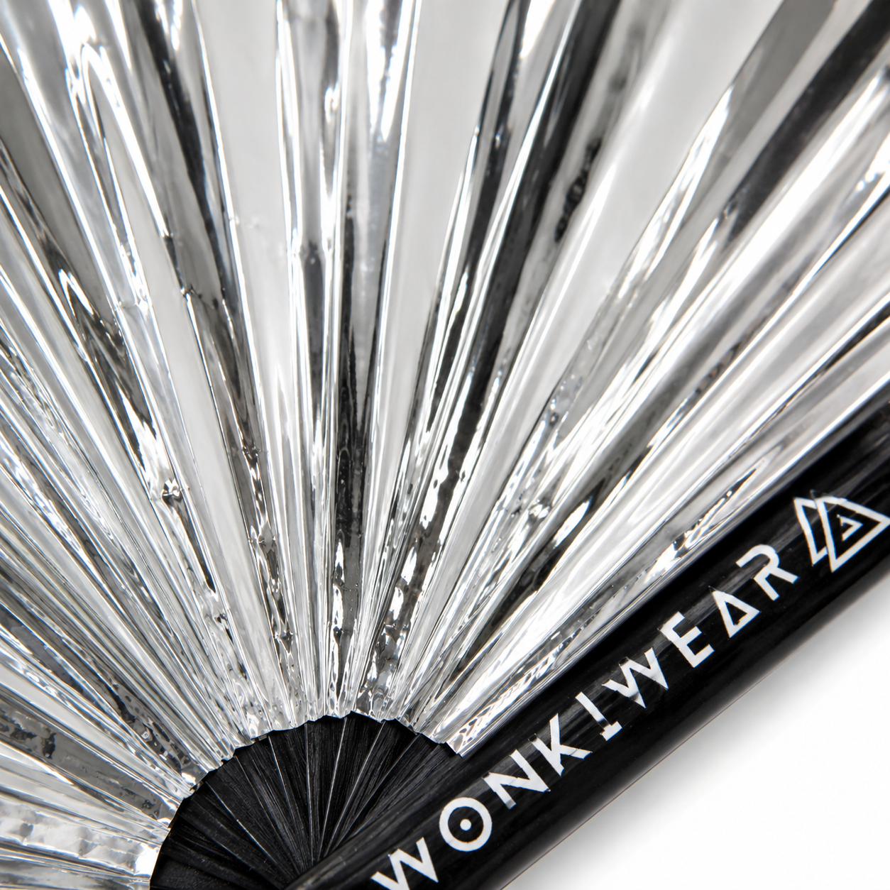 Close-up detail of metallic silver PVC WonkiWear festival fan
