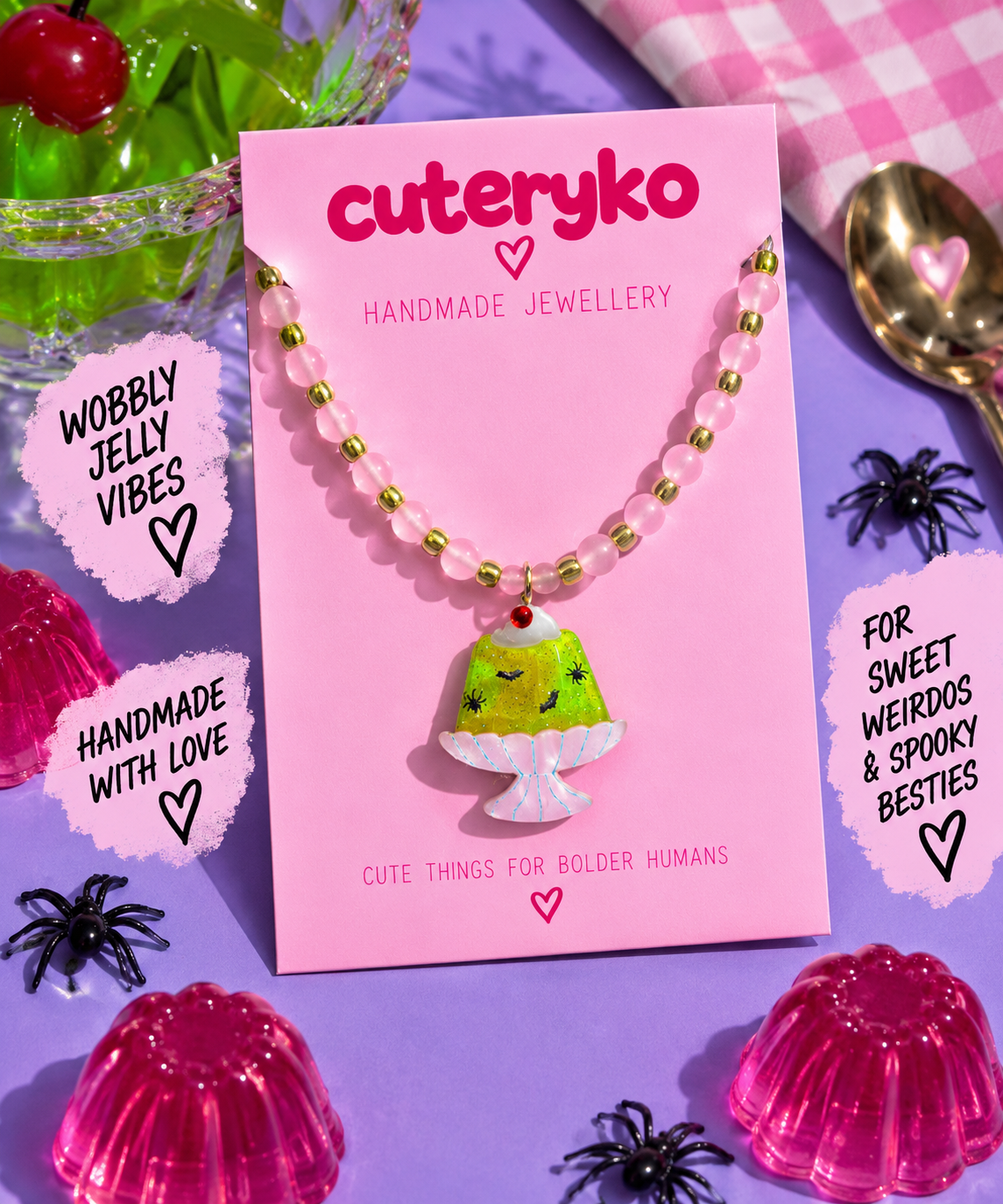 Ghastly Jelly beaded necklace with pink rose quartz beads and spooky green jelly charm by Cuteryko