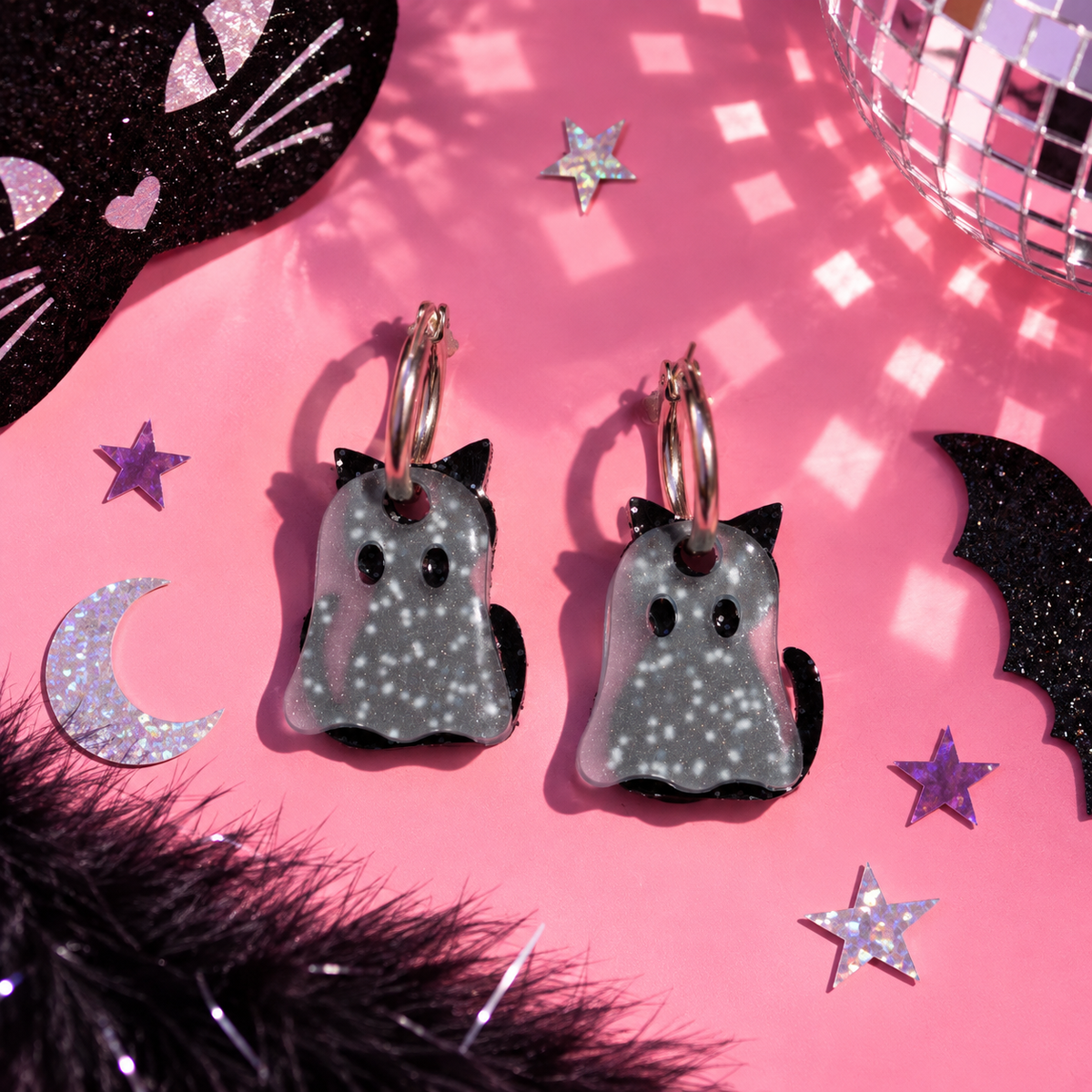 Ghost Cat Hoop Earrings with glittery black cat and ghost charms by Cuteryko