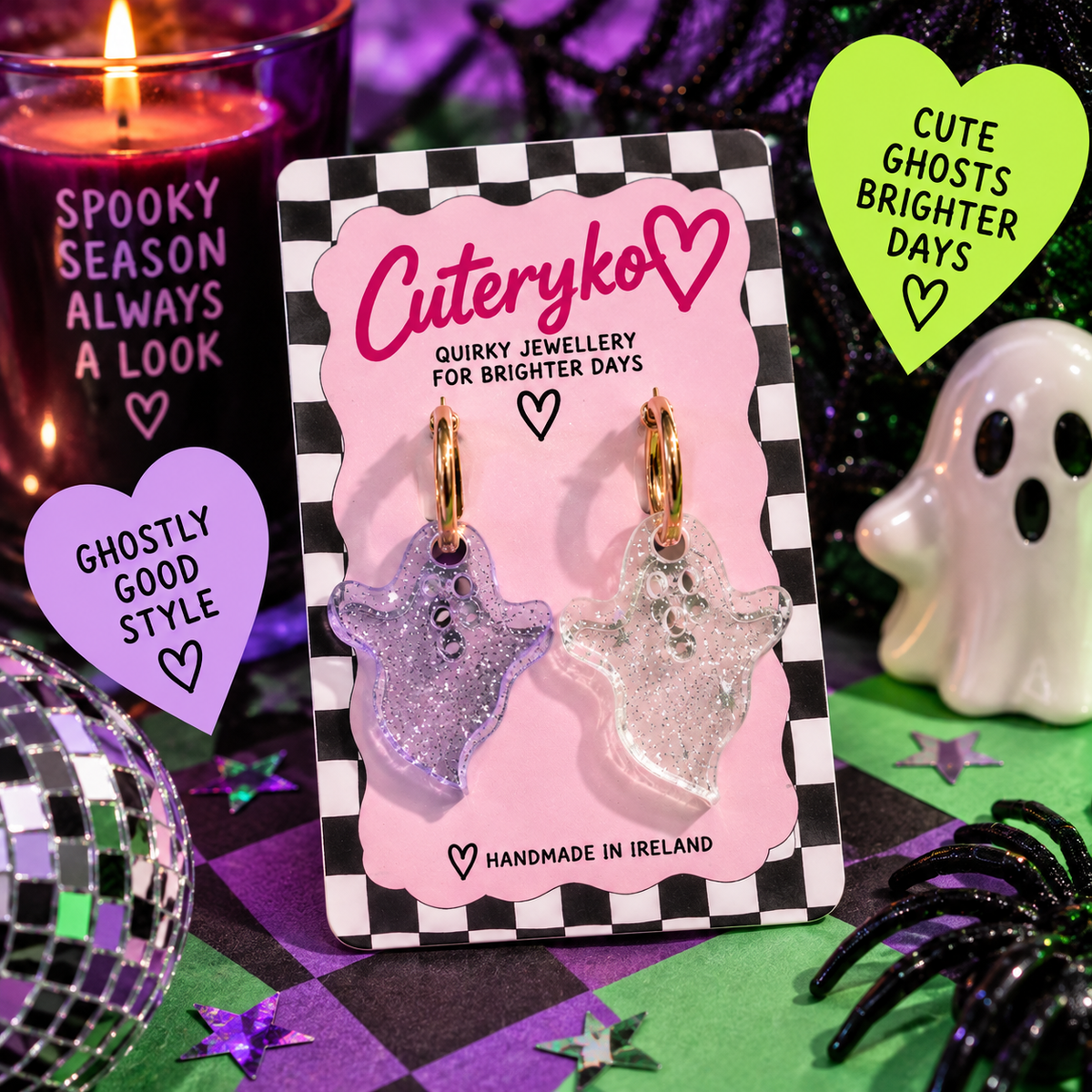 Ghost hoop earrings with translucent purple and clear glitter ghost charms by Cuteryko