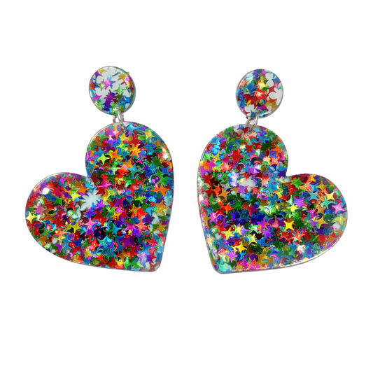 Glitter heart earrings UK colourful confetti festival drop earrings