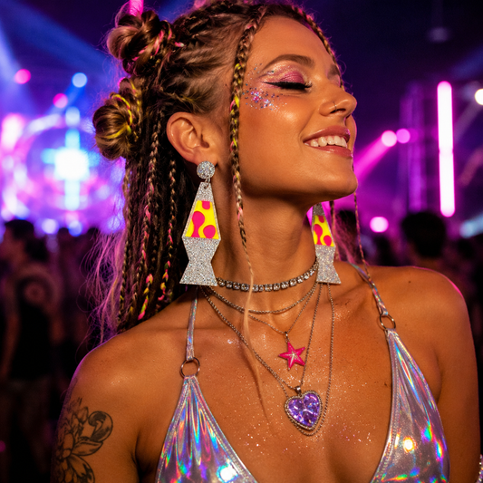 Rave festival model wearing glitter lava lamp statement earrings