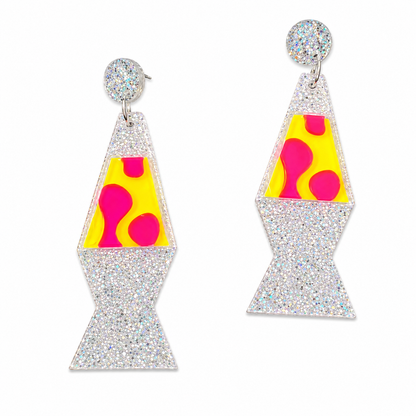 Glitter lava lamp statement earrings in neon pink and yellow on white background
