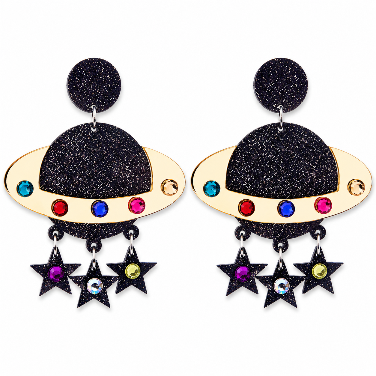 Black glitter planet drop earrings with gold ring detail, colourful gems and dangling star charms on white background