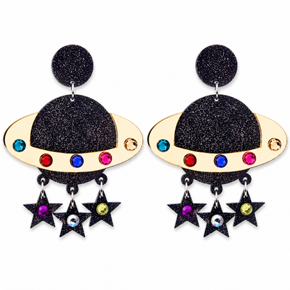 Black glitter planet drop earrings with gold ring detail, colourful gems and dangling star charms on white background
