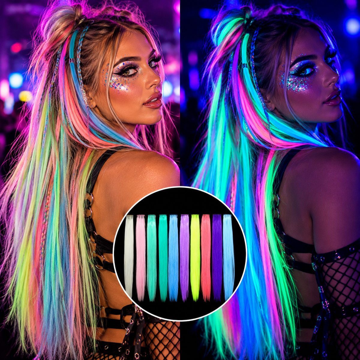 Glow-in-the-dark hair extensions in colourful neon shades shown under normal and UV rave lighting