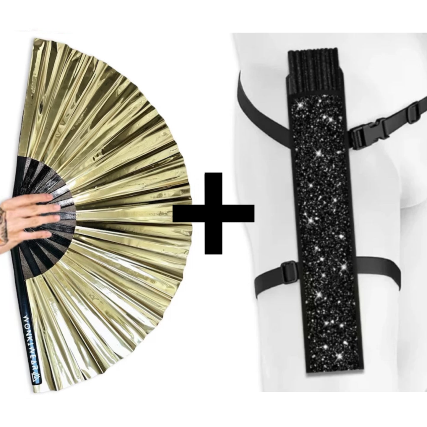 XL metallic gold festival fan with black holster bundle by WonkiWear