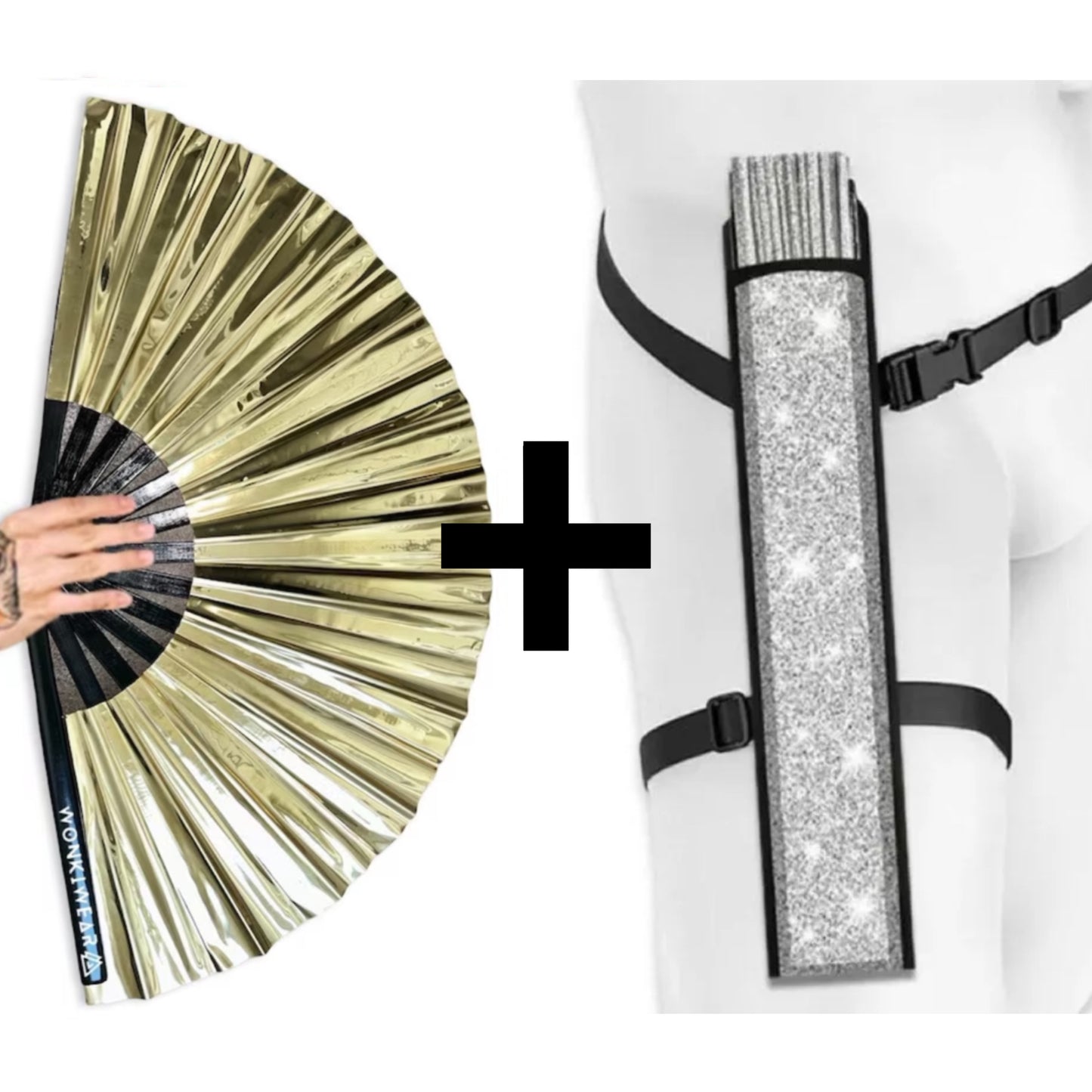XL metallic gold festival fan with silver holster bundle by WonkiWear