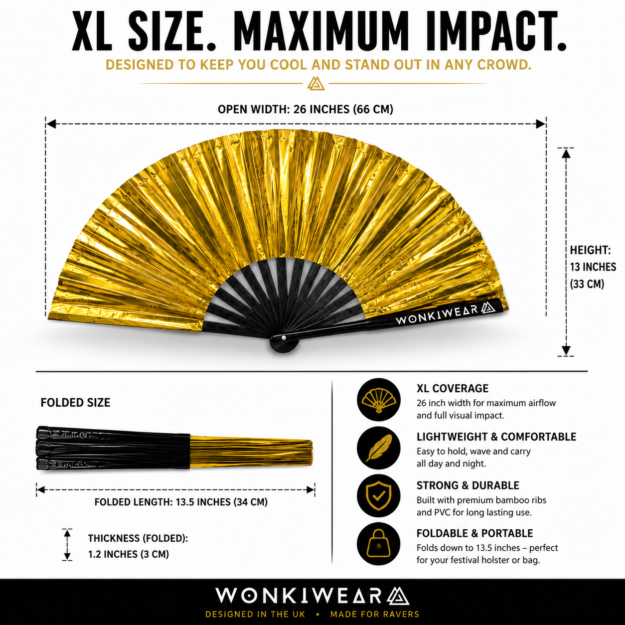 Size guide for XL metallic gold festival fan showing open and folded dimensions