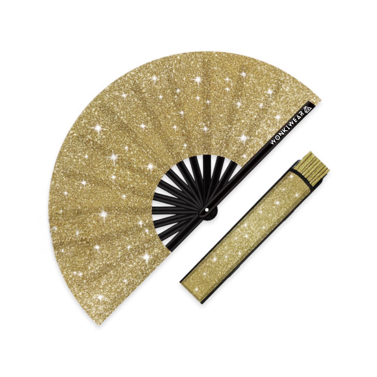 Gold glitter folding festival fan with matching leg holster