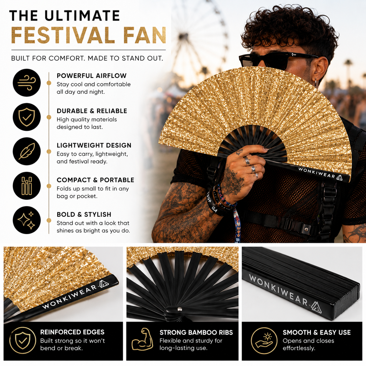 Gold glitter festival fan benefits infographic showing cooling and portability features