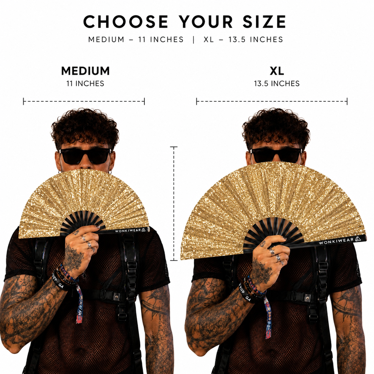 Size comparison of medium and XL gold glitter festival fans held by model