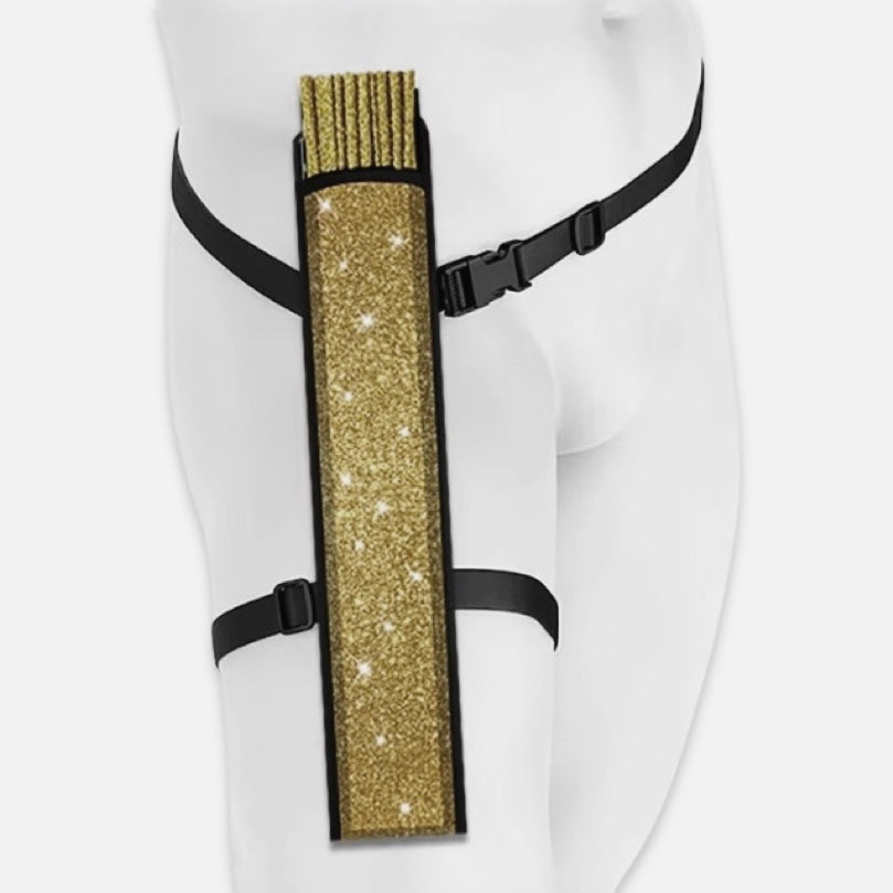Close up of gold glitter festival fan leg holster
